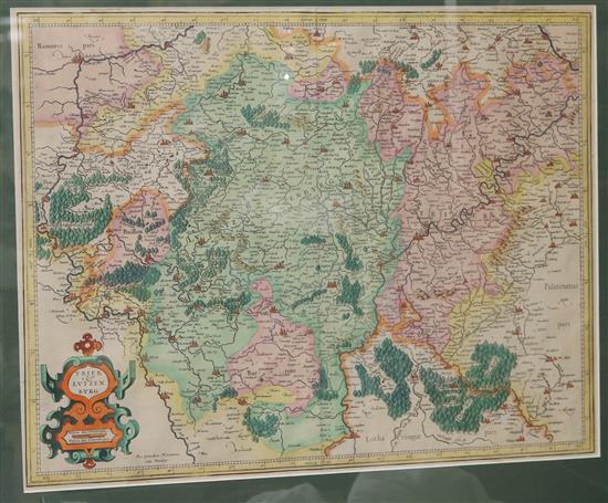 Gerardus Mercator and Henricus Hondius, coloured engraving, map of Trier Lutzenburg, 37 x 47cm